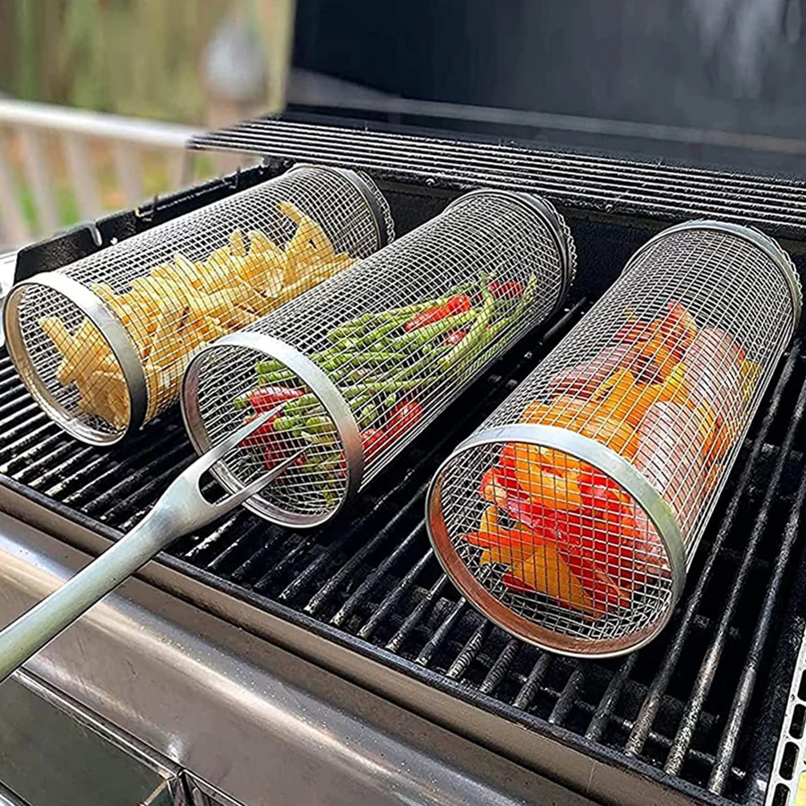 Net Basket Large With Handle Steel Bbq Accessories Tube Barbecue Roasting Meat Greatest Bbq Rolling Grilling Basket