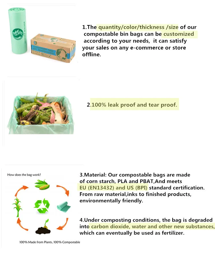 Custom PLA PBAT Eco Friendly 100%  Compostable Garbage Bags