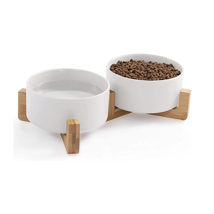 Cat Puppy Ceramic Food and Water Bowls Set Indoors Pet Bowls with Wood Stand