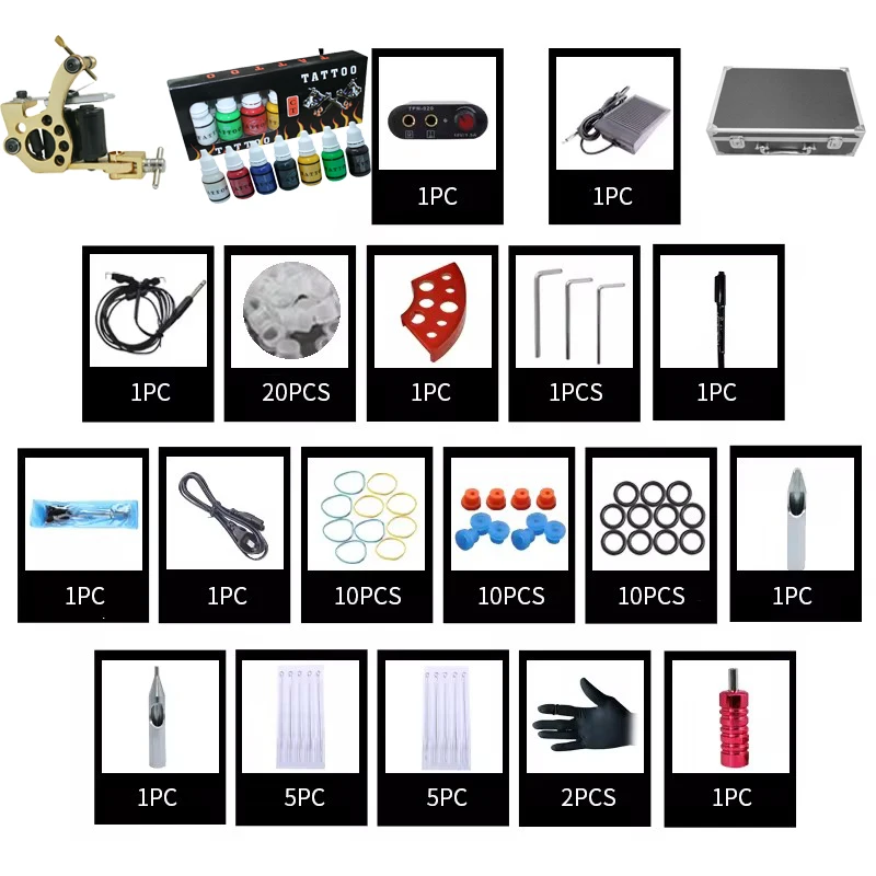 Tattoo Student  kits  With 1Coil Tattoo Guns 1mini Power Supply  7 ink  colors Complete Tattoo Set