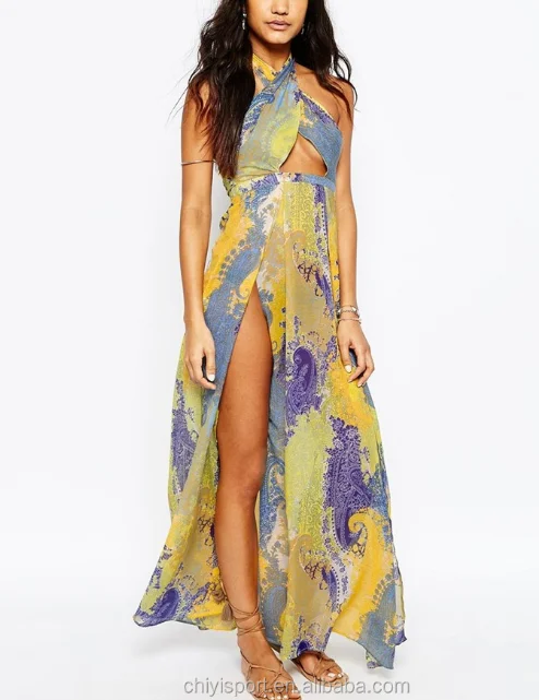 OEM sublimation print women Beach dress cross neck long maxi dress Chiffon dress printed girl skirt