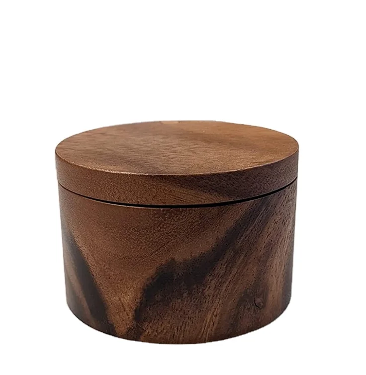 2023 Hot Sale With Swivel Cover Acacia Solid Wood Round Wooden Boxes Rustic Wooden Spices Box