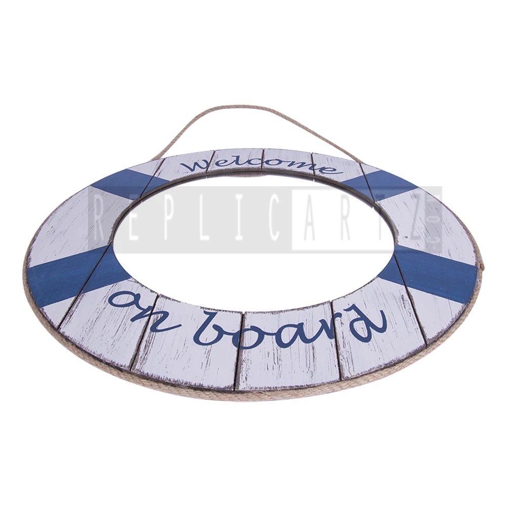 Natural Wooden Batela Lifebelt Accent Mirror, White Blue, Home Decor Mirror