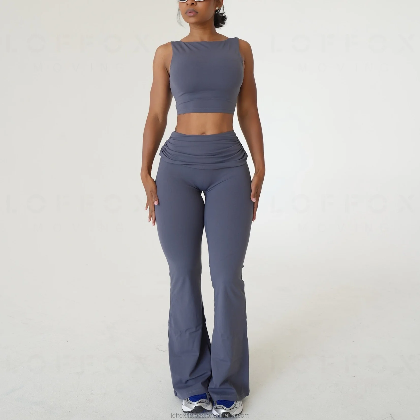 Custom Logo Plus Size Yoga Workout Gym Running Scoop Back Sport Top High Waisted Push Up Flare Leggings Women Activewear Sets