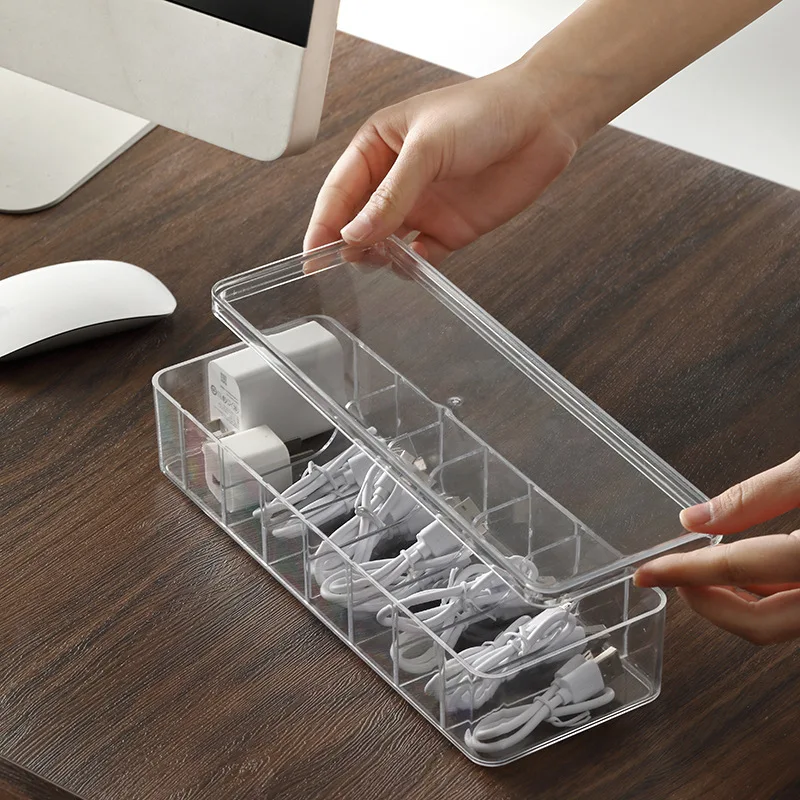 2024 Modern Square Desktop Organizer Box Glossy Plastic Mobile Phone Charging Data Cable & Power Wire Storage Square Shape