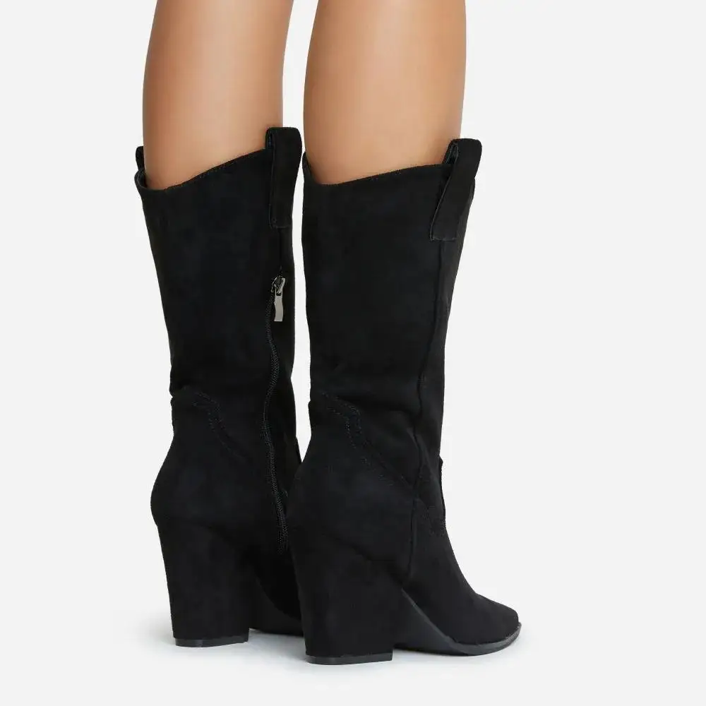 Bock heel point  toe  western cowboy in black faux suede middle calf ankle boots  for  women and  laddies women   ankle  boots