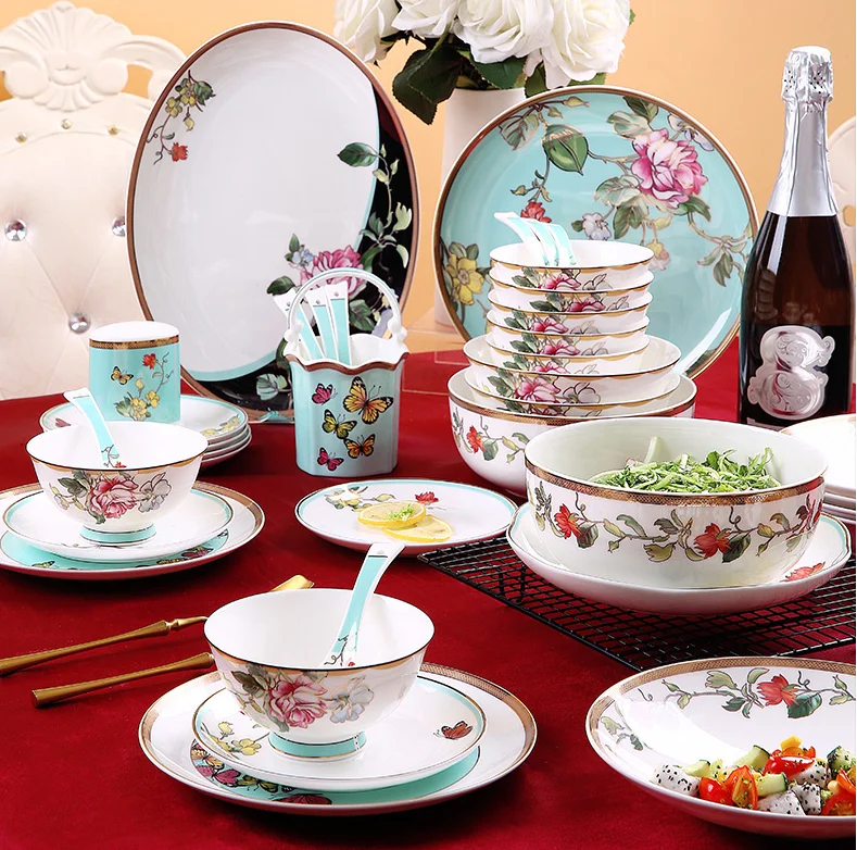 Factory wholesale High Quality new design beginning in full flower  fine bone china dinnerware set  plates bowls dinner set