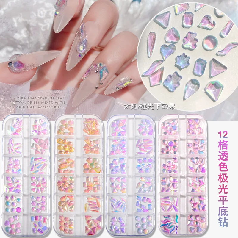 Wholesale 3d nail art crystal rhinestones 12 grid mixed ice transparent irregular shape flat bottom magic color shine DIY charms