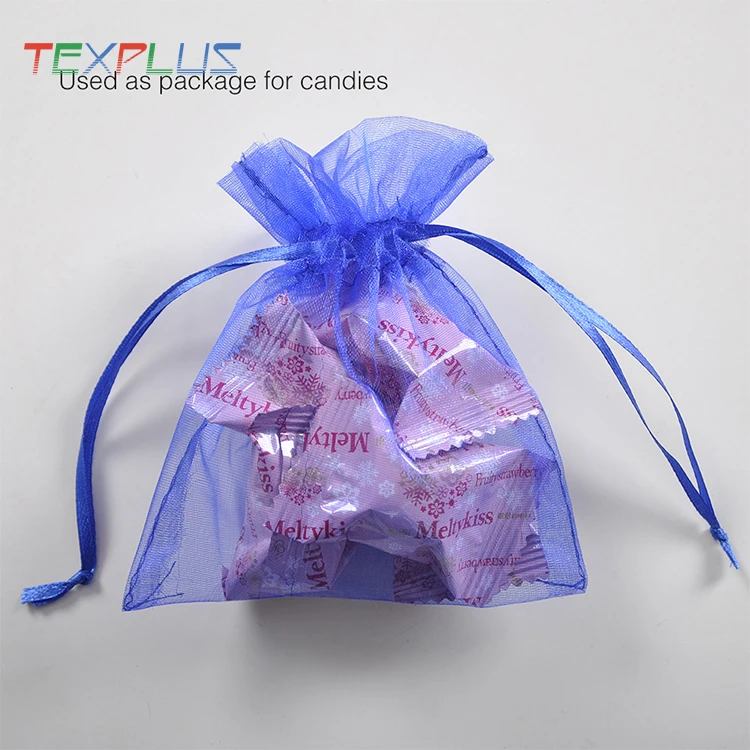 2022 hot popular blue 4x5  100% polyester  organza sugar  bags  drawing string bags