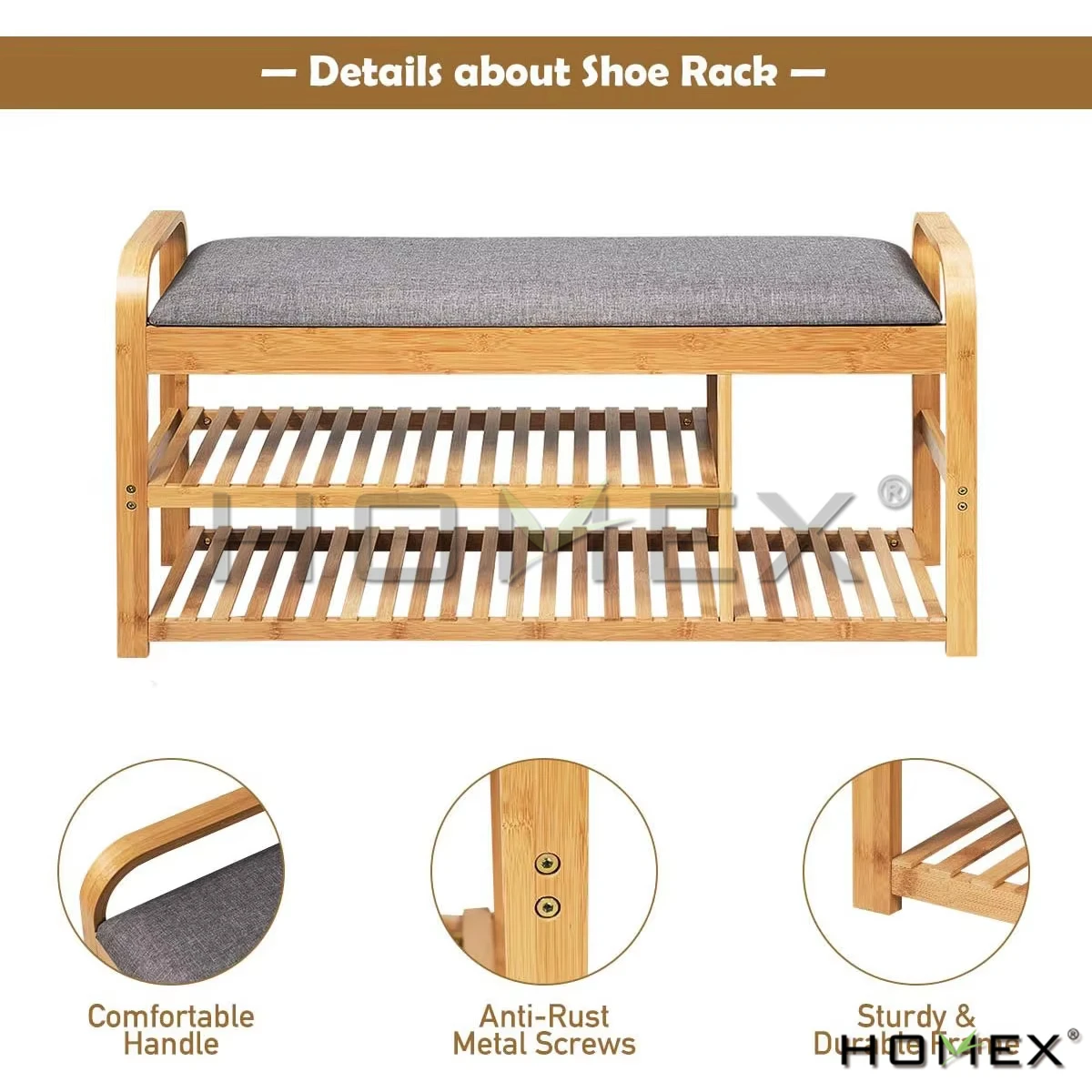 Homex|Good Quality Living Room Hallway Furniture Natural Bamboo Shoe Rack Bench 3-tier Shoe Rack with Cushion Seat