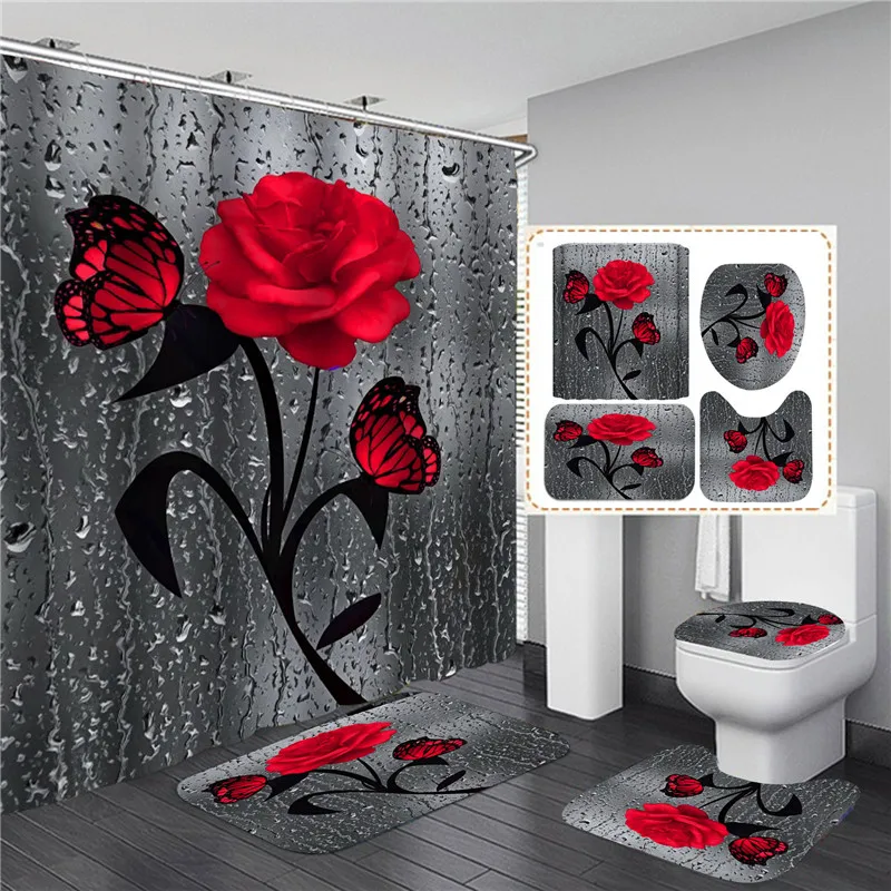 5 Colors Rose Print 3D Shower Curtain Waterproof Polyester Bathroom Anti-slip Bath Mat Set Toilet Rugs Carpet Home Decor