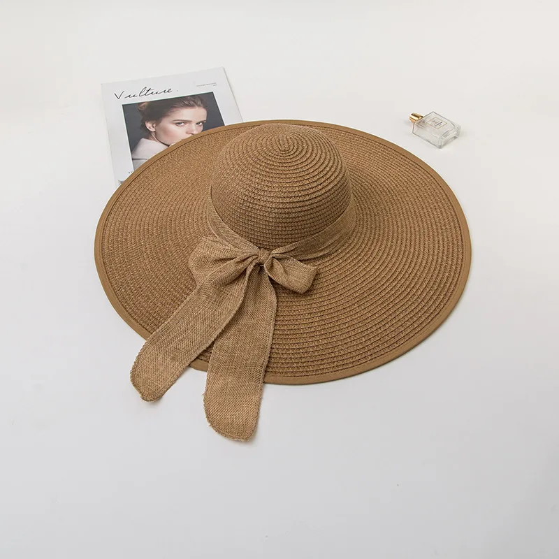 Ladies Super Large Brim Straw Hat With Bow Tie Ribbons Decorate Beach Cap Multi Color Elegant Hat For Woman And Girls