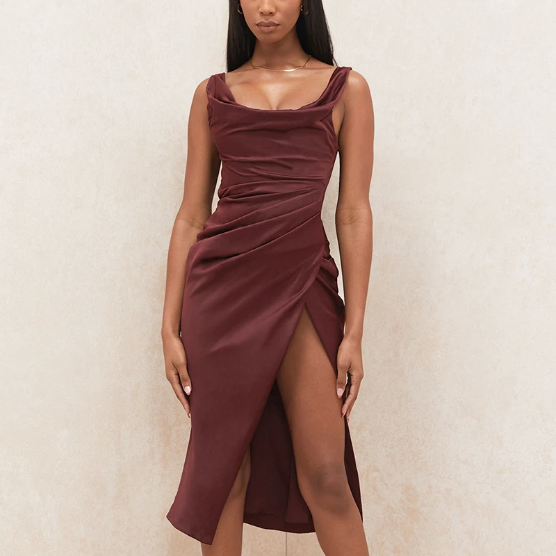 Luxury Satin Midi Dress Elegant Ladies Christmas Party Long Dress Women Summer Sexy Sleevelsee Backless Evening Dresses