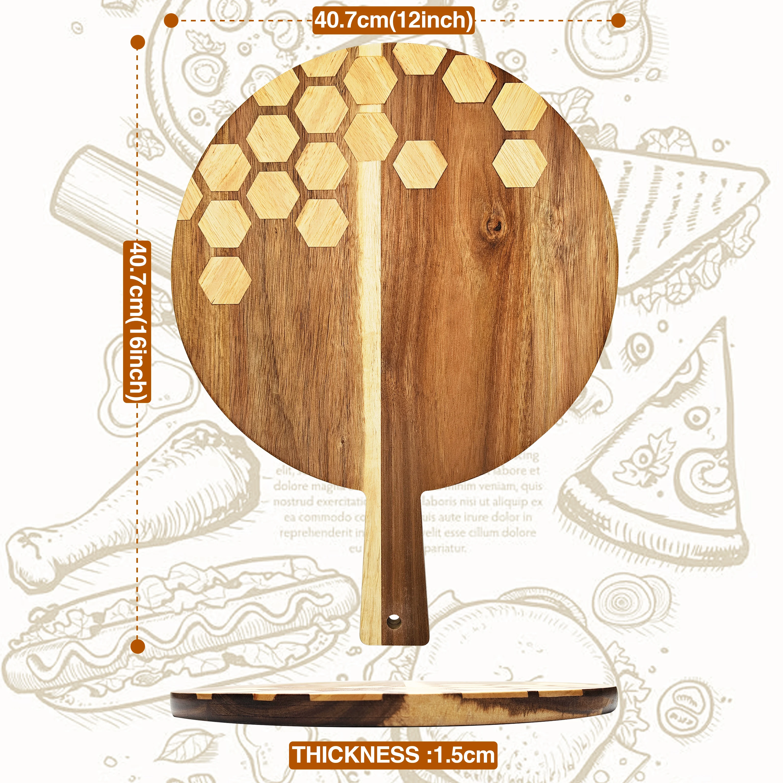 Round Acacia Wood Cutting Board with Handle Wood Pizza Peel Charcuterie Board