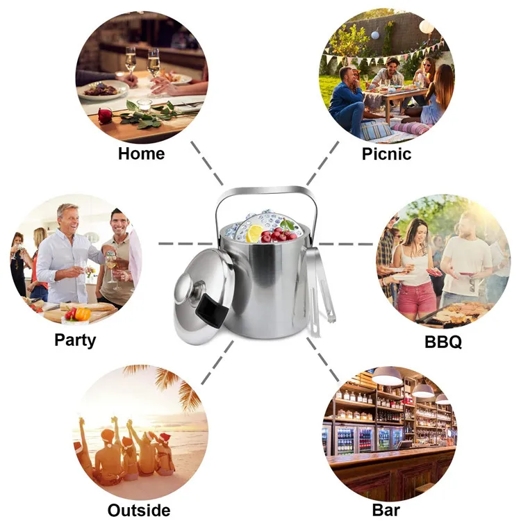 
Double Wall Insulated Metal Stainless Steel Ice Bucket with Tongs 