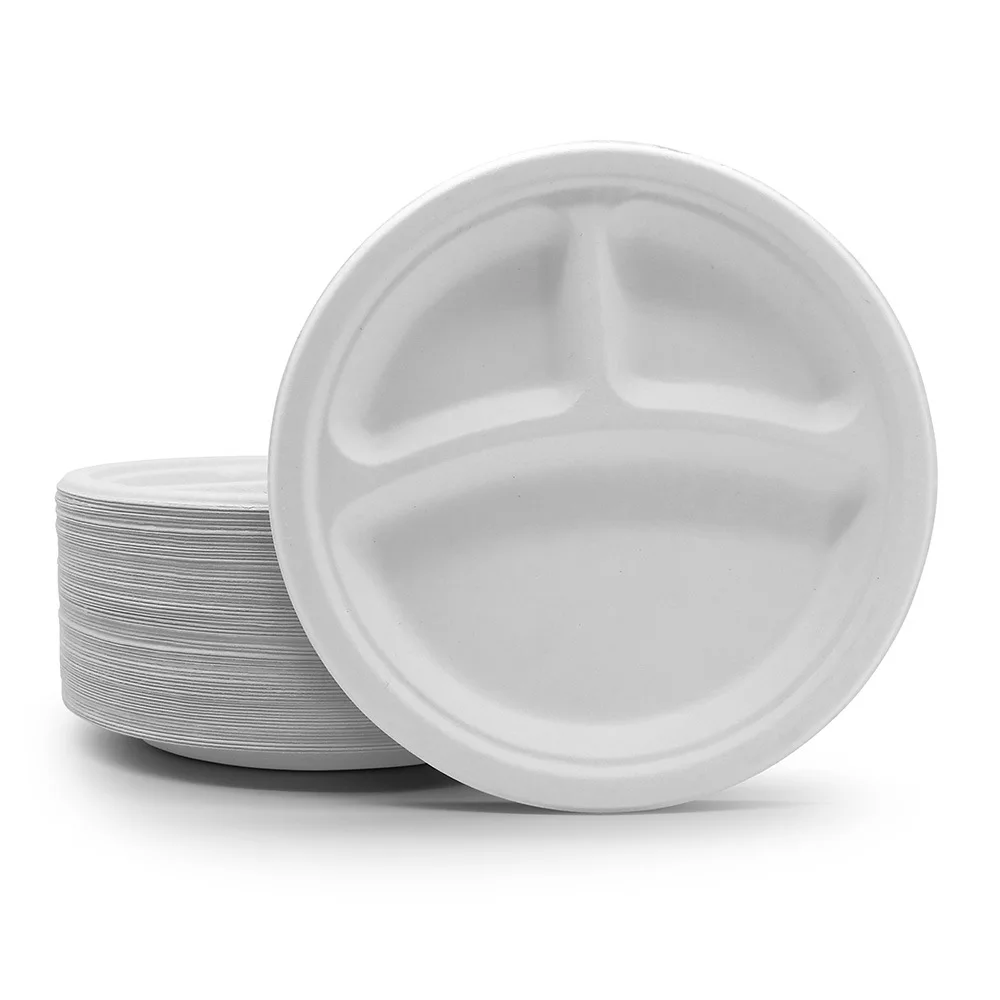 Factory Direct Sales 9 Inch 3 Grid Disposable Tableware Bagasse Pulp Bamboo Pulp Environmentally Friendly Plates