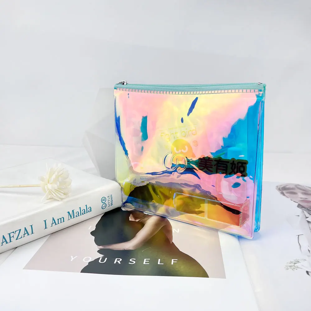 OMOI Customized PVC Laser Tote  Print Logo Magic Transparent Plastic Bag Shopping Bag Glitzy Jelly Bag