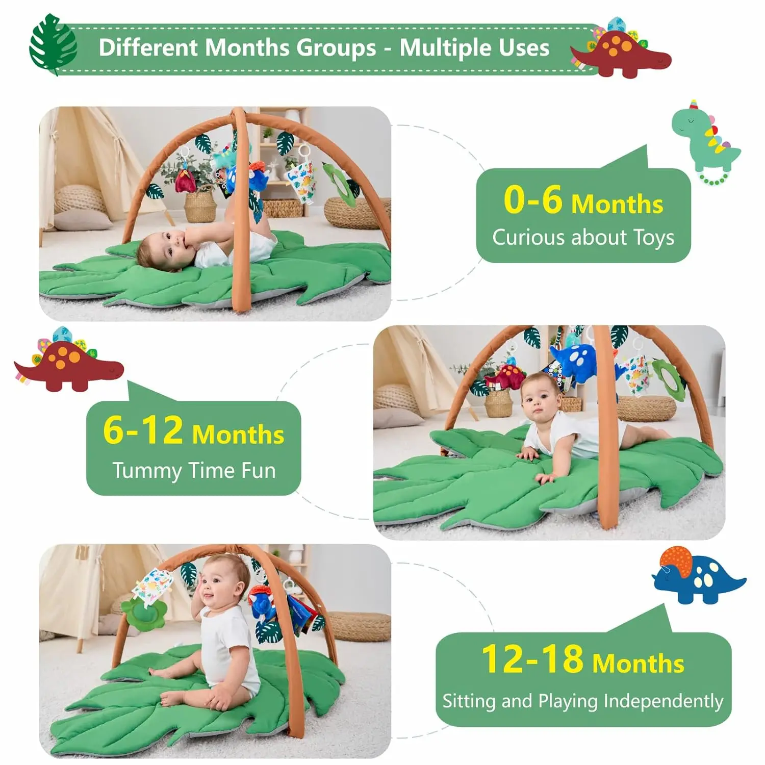 Baby Play Mat Baby Gym Large Space Leaf Shaped Baby Tummy Time Play Mat Activity Crawl Mats with 6 Dinosaur Sensory Toys
