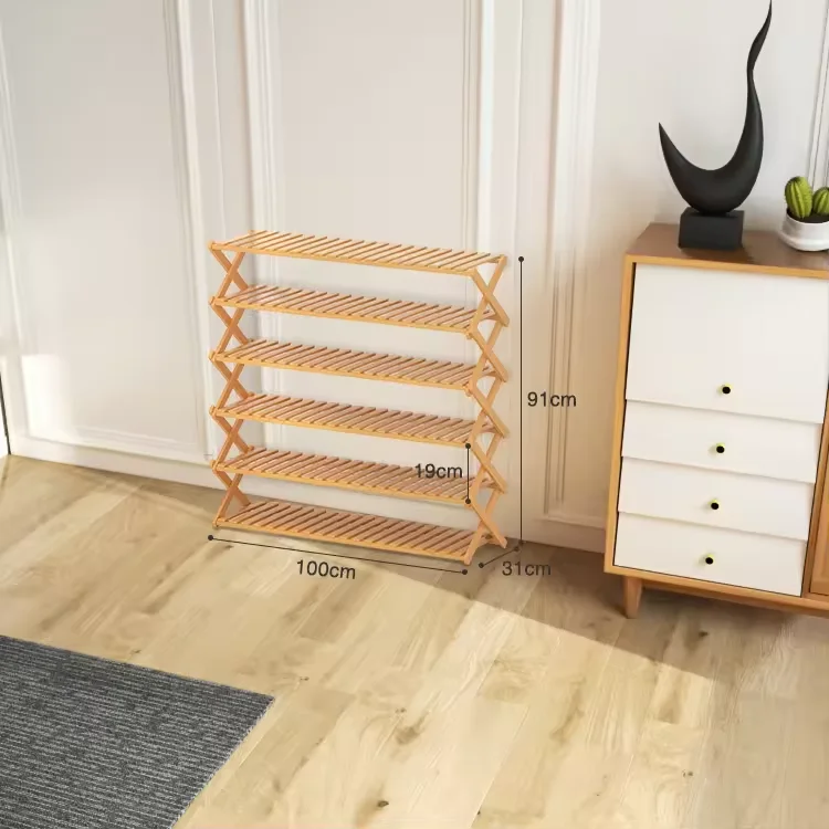 Customized 6-Tier Natural Bamboo Free Standing Shoe Racks Stackable Shoes Organizer Sturdy Multifunctional Bamboo Shoe Rack
