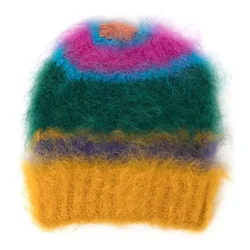 FYB Custom Jacquard Logo Knit Winter Color Block Stripe Fluffy Beanie Warm Fuzzy Knit Mohair Beanie Winter Hat