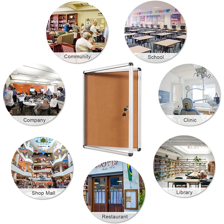 Aluminium frame lockable acrylic door cork notice board showcase cabinet enclosed bulletin board with lock and keys