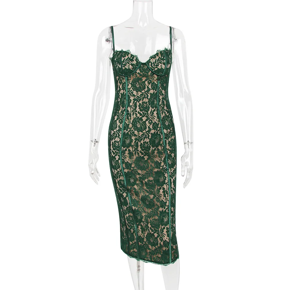 Sexy Fashion Lace Dresses Women Elegant Suspenders Backless Bodycon Green Lace Dress