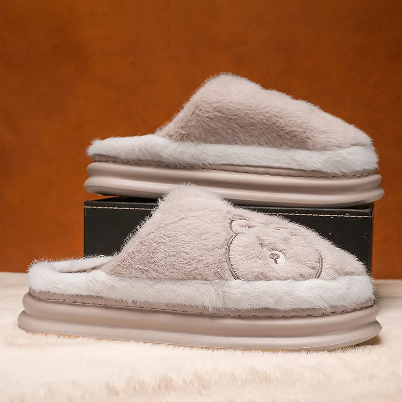 Wholesale Winter Indoor Non-slip Warm Thick Cotton Cute Cartoon Bear Plush Home Slippers For Men Boys