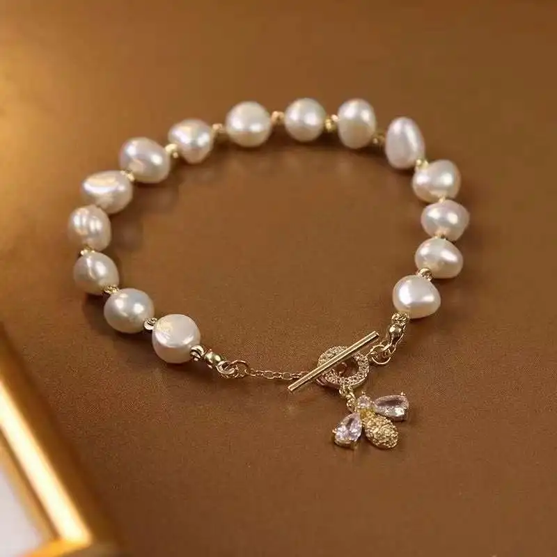 Cost-effective high-quality 18K gold Plated little bee accessories with natural 7-8mm baroque freshwater pearl bracelet
