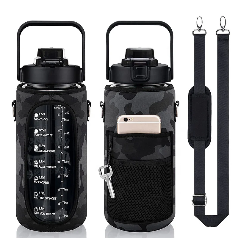 Big Volume 66oz Time Marker Motivational Fitness Sports Water Bottle with Straw Portable Sleeve Carrying Mobile Phone & keys
