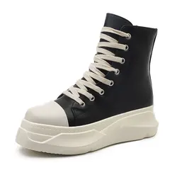 Black thick soled high top shoes for women New style high side zipper high top casual shoes Personalized sole leather casual