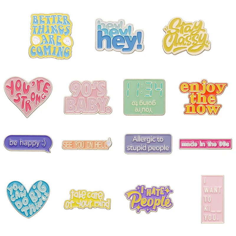 Hot Sales English Brooch Letters Metal Enamel Pins Clothing Bags Decorations Badges Accessories Wholesale