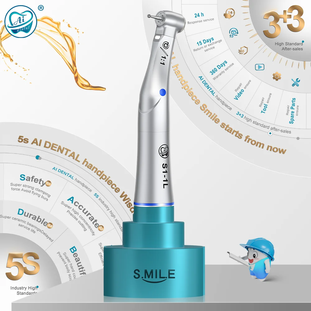 AI DENTAL Smile Series S1-1L Dental 1:1 Direct Drive Low Speed Handpiece Optic Fiber Dental Contra Angle Handpiece 4 Water Spray