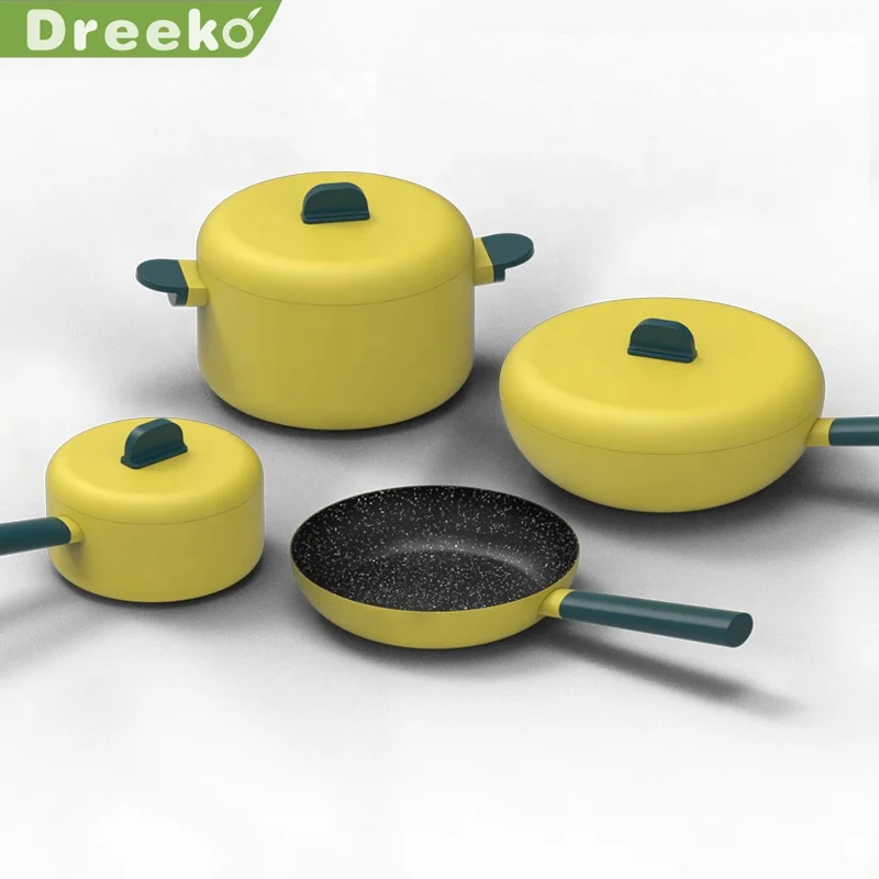 7pcs Yellow Korea Style Pressed Aluminum Marble Stone Coated Non Stick Pots and Pans Cookware Set