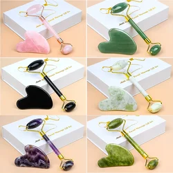 OEM Label Rose Quartz Jade Roller And GuaSha Set Wholesale Anti-aging Jade Roller Kit Natural Jade Guasha Stone Massage Set