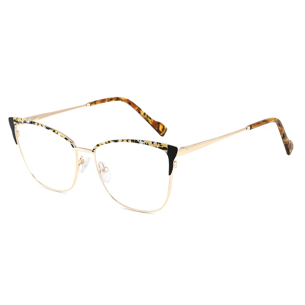 Top selling product Women Cat Eye style gold Optical Frame Metal Fashion Paint Acetate Eyeglasses Custom Logo