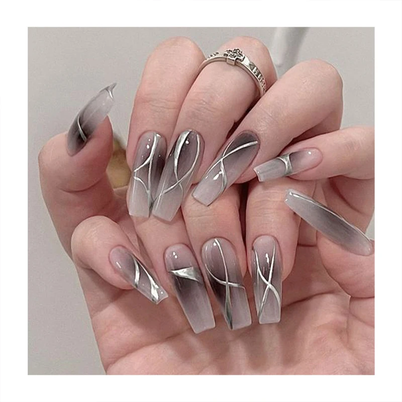High Quality Long Coffin Sliver Artificial Nails Oem Hand Made Luxury Press On Nails Custom Logo Fake False Nails Glue
