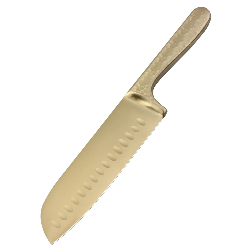 New Arrivals 7 Inch Granton Knife Golden Titanium Stainless Steel Kitchen Santoku Knife With Hammered Handle