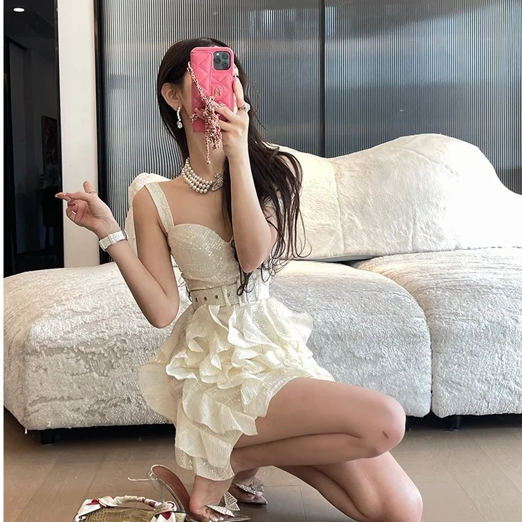 2024 french women super beautiful white dress with straps women high-end ruffled fabric birthday dress