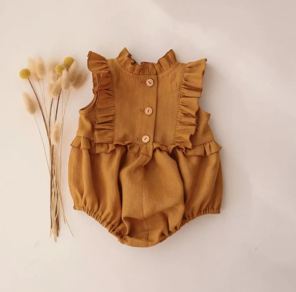 2023 Summer Linen Cotton Newborn Baby Girl Sleeves Ruffles Romper Suits