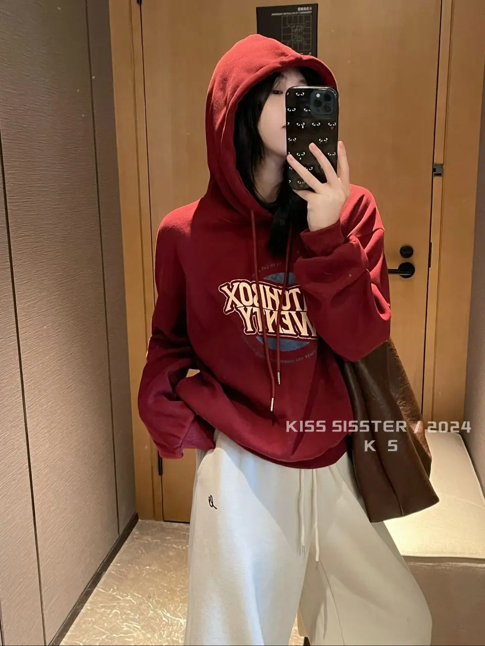 KISS SISTER Korean Version of Everything Now Casual Loose Letter Flock Print With Fleece Hoodie 24A9815