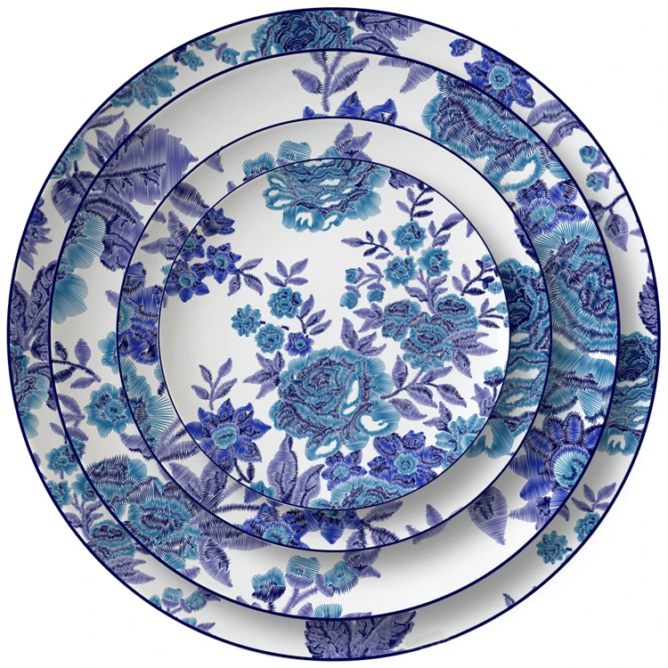 High Quality  Elegant Blue Flower Bone China Dinnerware Ceramic Plate Set Dishes for Wedding