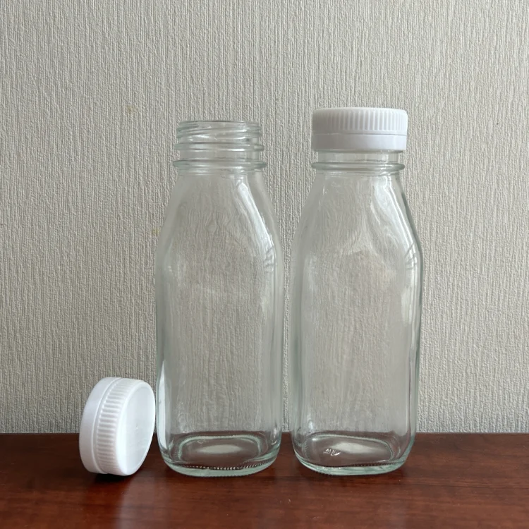 300 500 ml French Square Wide Mouth Coffee Water Milk Tea Glass Bottle With Tamper Proof Plastic Cap