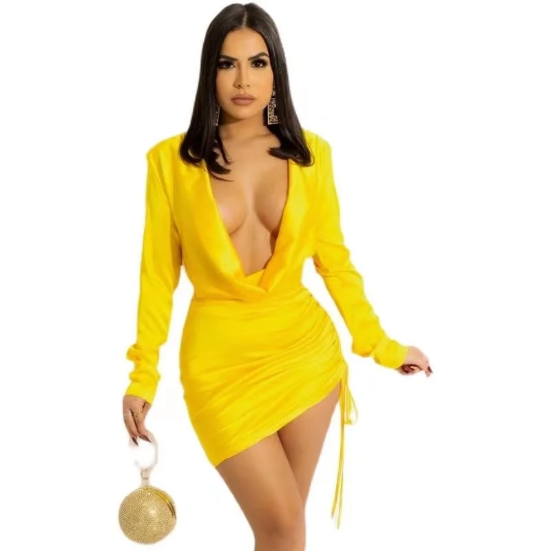 Женское блестящее платье с глубоким v-образным вырезом, длинным рукавом и глубоким v-образным вырезом