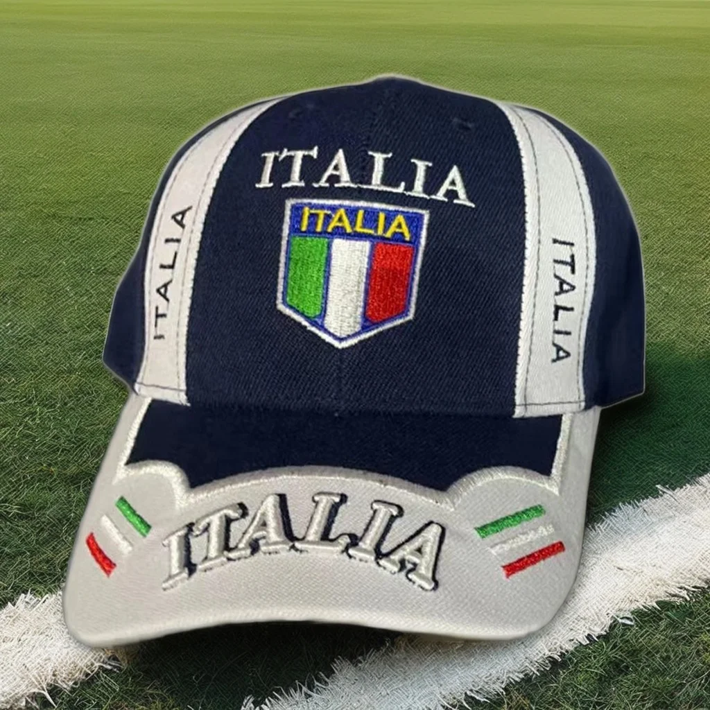 Unisex Custom Embroidery Baseball Cap 6-Panel Sports Hat Italy Flag Logo Curved Brim Color Block Football Fans Adults Wholesale