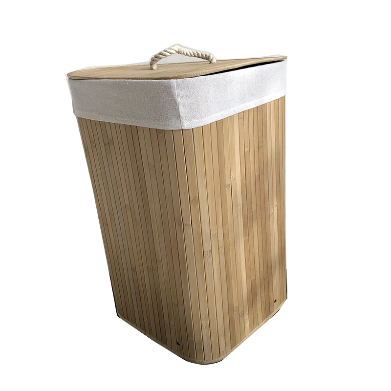 Collapsible Hamper Corner Bamboo Laundry Basket With Lid Moving Lining For Toys Dirty Clothes