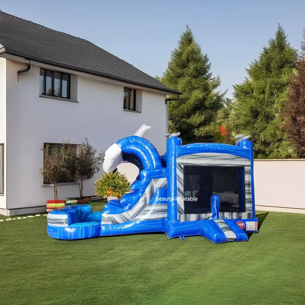 hot sale dolphin theme inflatable combo bouncer water double lane inflatable wet dry combo for kids party
