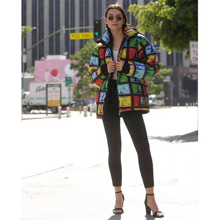 
2021 New Style Wholesale Hat Detachable Color Dollar Bill Printing Coat Hooded Down Jacket Winter Coat For Women With Best Price 