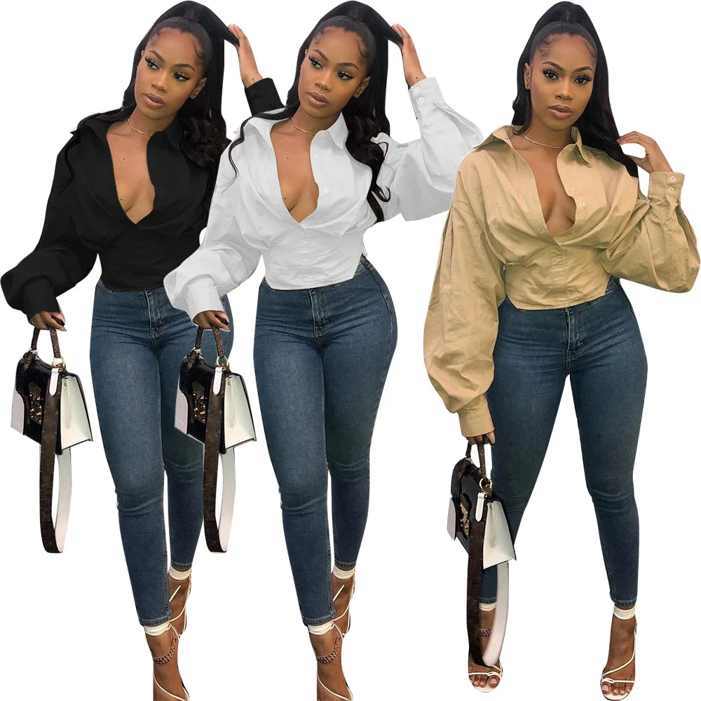 
2021 Fashionable Casual Sexy Turn Down Collar Shirts Fall Spring Summer White Ladies Shirts Crop Tops Womens Blouse 