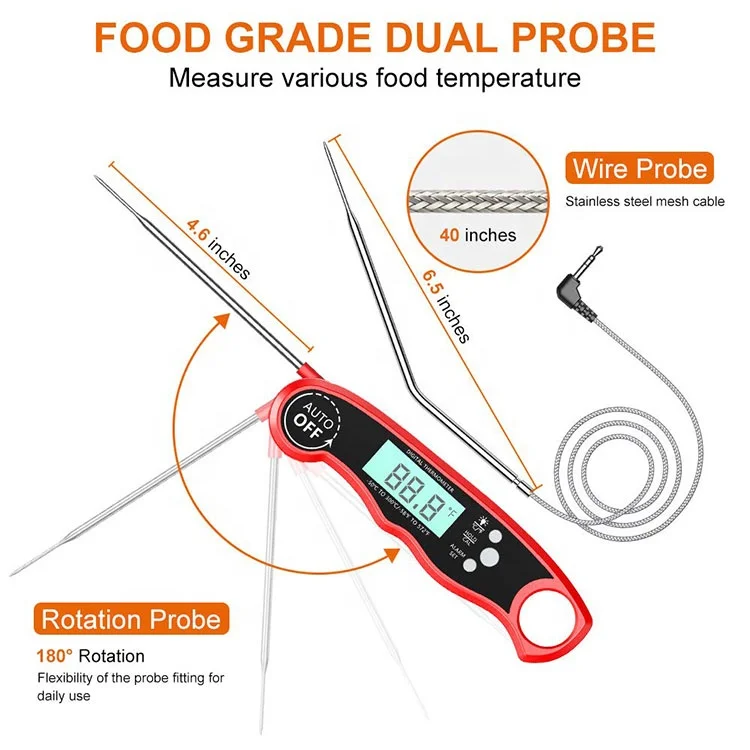 bbq thermometer with dual probe, long cable grill thermometer foldable kitchen cooking thermometer
