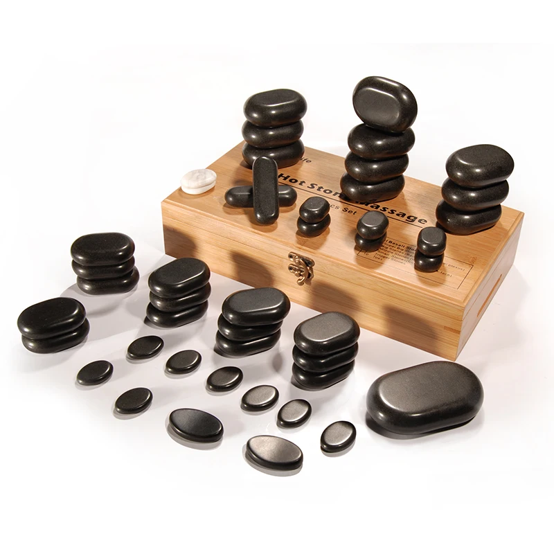Natural 45pcs Pack Volcanic Warmer Stone Set Massage Table Healing Beauty Body Spa Fat Reduction Heating Basalt Stones